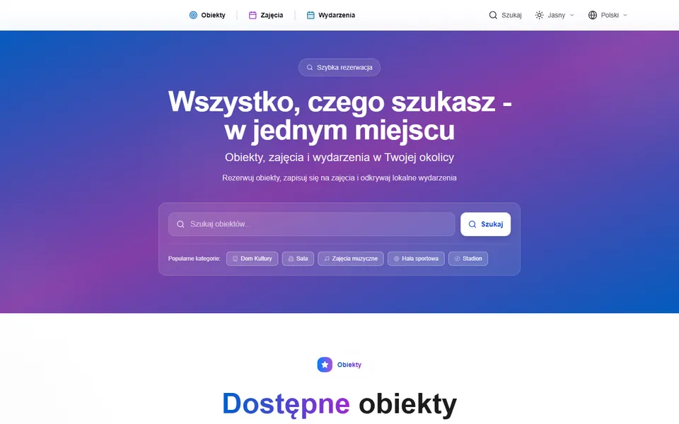 Strona mieszkańca w systemie Zajmij.to: nagłówek „Wszystko, czego szukasz — w jednym miejscu”, wyszukiwarka obiektów i popularne kategorie.